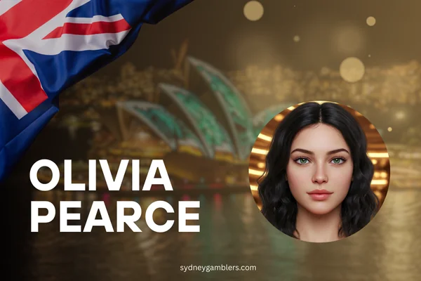 author Olivia Pearce and australian flag on the sydney background