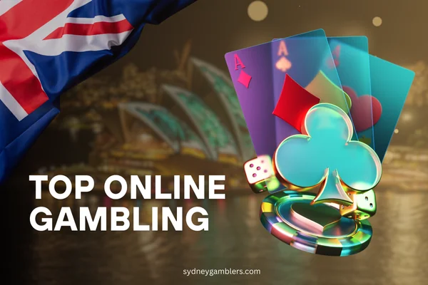 neon cards, dices and poker chips and australian flag on the sydney background