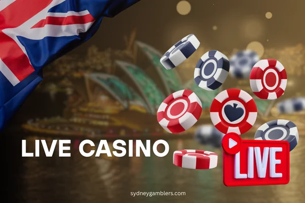 poker chips and sign live and australian flag on the sydney background