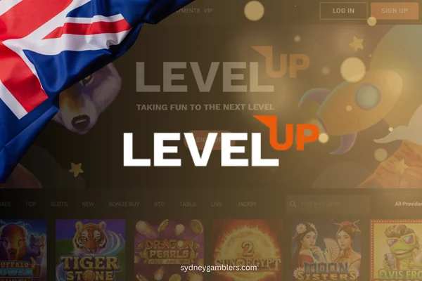 level up casino logo and australian flag on the casino background