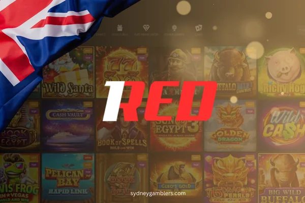 1red casino logo and australian flag on the casino background