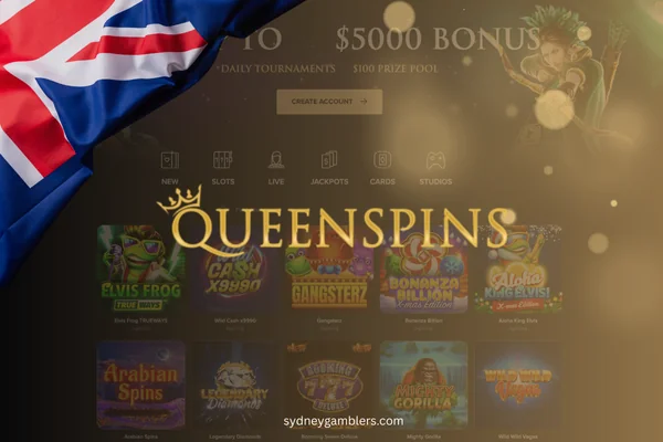 Queenspins casino logo and australian flag on the casino background
