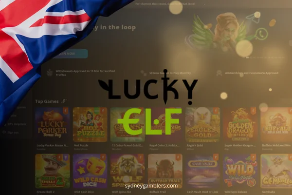 lucky elf casino logo and australian flag on the casino background