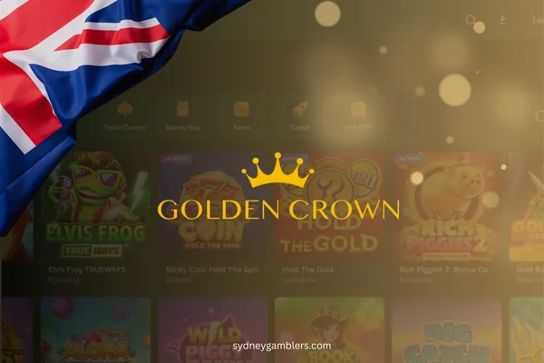 golden crown logo and australian flag on the casino background