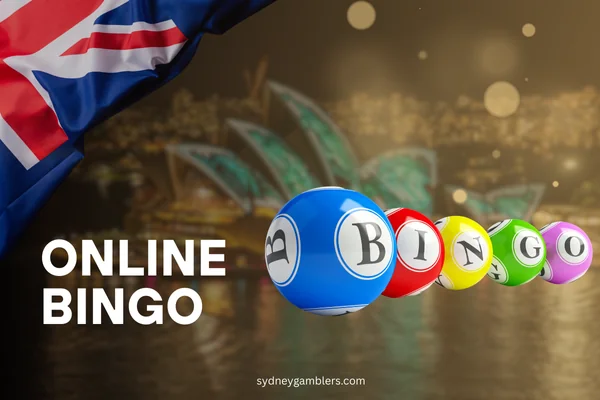 bingo balls and australian flag on the sydney background