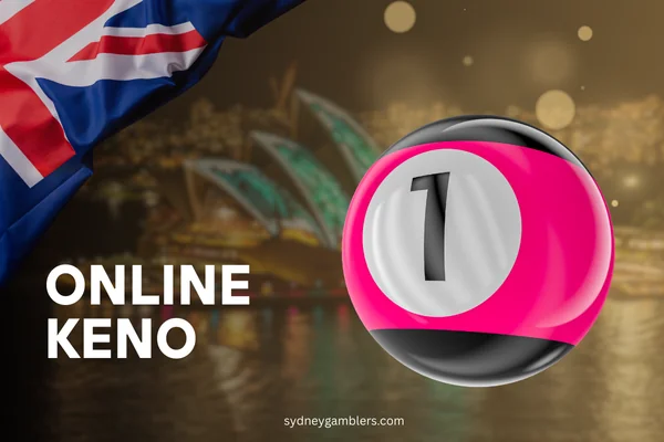 keno ball and australian flag on the sydney background