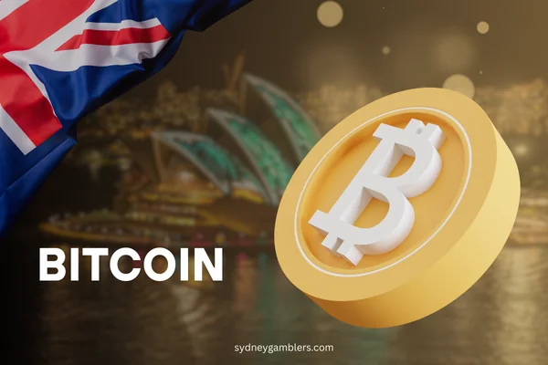 bitcoin and australian flag on the sydney background