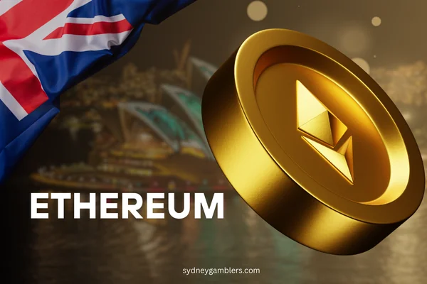 Ethereum coin and australian flag on the sydney background